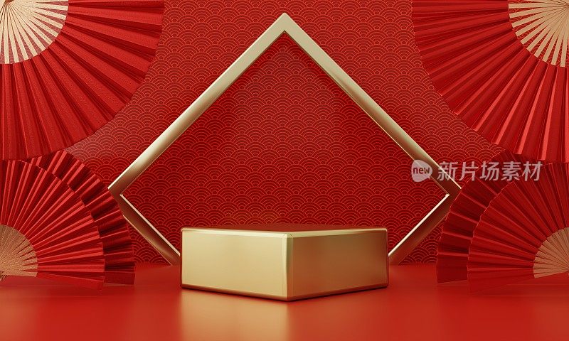中国新年红色现代风格的一个讲台产品展示与金戒指框日本风格的图案背景。节日快乐传统节日观念。3 d演示呈现